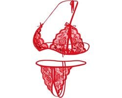 Erotische Lingerieset I Sexy Kanten Lingerie Set I Open Kruis I Top + Slip I One Size I Rood