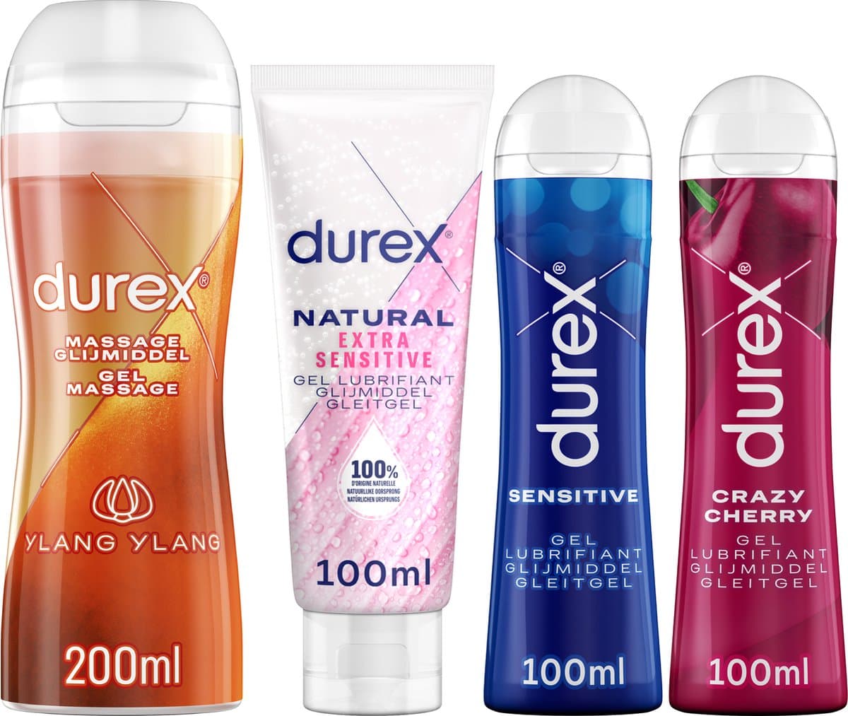 Durex - 4 Glijmiddelen - Voor Oral, Masturbation en Vaginal play - Waterbasis – Crazy Cherry 100ml - Massage 2in1 Ylang Ylang 200ml - Sensitive 100ml – Natural Extra Sensitive 100ml - Voordeelverpakking — afbeelding 1