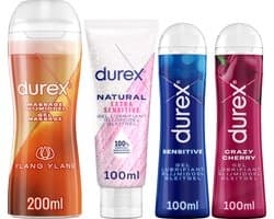 Durex - 4 Glijmiddelen - Voor Oral, Masturbation en Vaginal play - Waterbasis – Crazy Cherry 100ml - Massage 2in1 Ylang Ylang 200ml - Sensitive 100ml – Natural Extra Sensitive 100ml - Voordeelverpakking