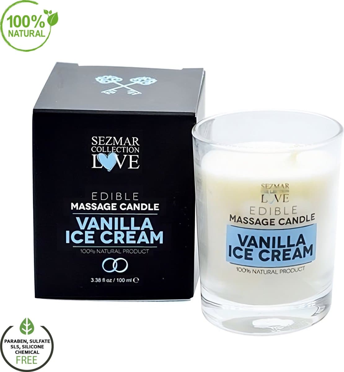 Love - Massagekaars Sezmar Collection 100% Natuurlijke Verwenning | Vanille-IJs Geur | Voor Romantische Avonden en Diepe Ontspanning - 100ml — afbeelding 1