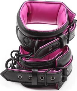 Banoch | Bondageset Hot Pink - halsband,riem, handboeien en enkelbanden pu Leer- zwart - roze — thumbnail 14