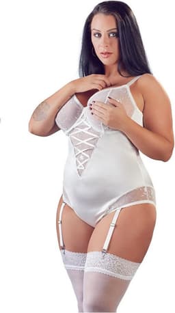 Cottelli Plus Size –  Jarretel Body met Afneembare Bandjes en Haaksluiting Achterzijde met Sierlijke Borduursels – 85F/L – Wit — thumbnail 2