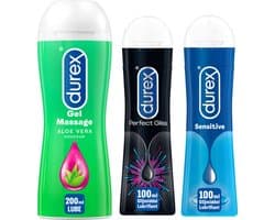 Durex - 3 Glijmiddelen - Play Massage 2/1 Aloe 200ML - Perfect Gel Gliss 100ML - Play Sensitive Gel 100ML