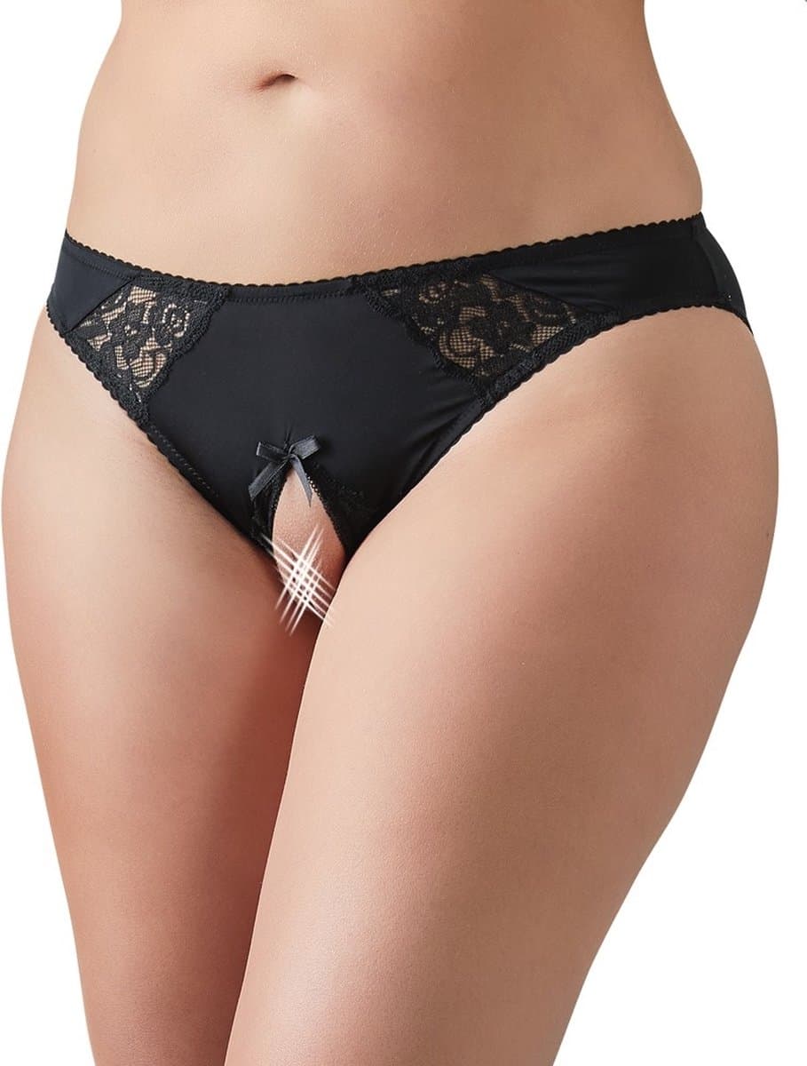 Cottelli Plus Size – Erotische Slip met Open Kruis en Kanten Inzetstukken – Maat L – Zwart — afbeelding 1