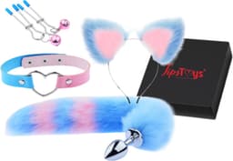 TipsToys Buttplug 4 Delige set - Staart Haarband met Oren Halsband Tepelklemmen - SexToy voor Koppels - Foxtail Blauw/Roze — thumbnail 2