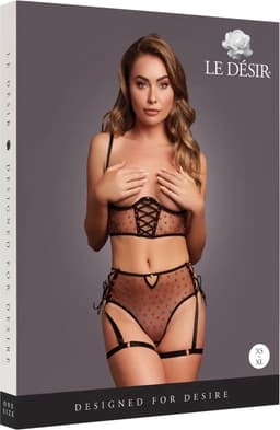 Two Piece Set with Underwired Open-Cup Bra and Panty with Laced Up Details - One Size - Black — thumbnail 11