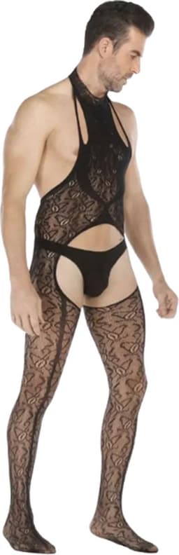 LekkerStout Heren Jarretel Bodysuit met Open Kruis - Zwart - Visnet Herenlingerie - One Size M-XL | LS161 — thumbnail 6