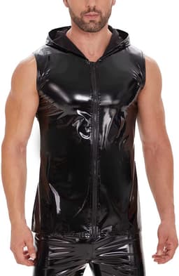 PU Lederen tanktop met capuchon - Ritssluiting - Latex wetlook vest - Mouwloos - Shirt - Heren — thumbnail 4