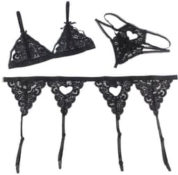 Sexy Lingerie - 3-delige Luxe Erotische Lingerie Set - BH in Kanten Cups met Strikjes - Jarretel en String met hartvorm - Erotiek - Valentijnsdag - kleur Zwart - Maat M-L — thumbnail 8
