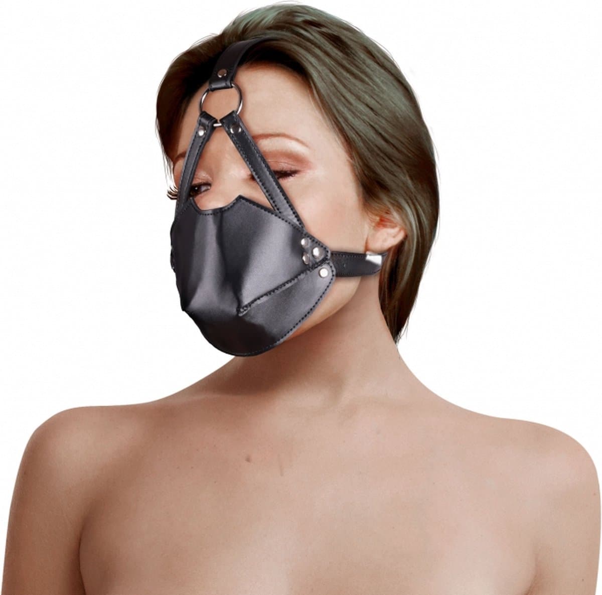 Hoofdharnas met Mondbedekking en Ademend Ball Gag - Zwart — afbeelding 1