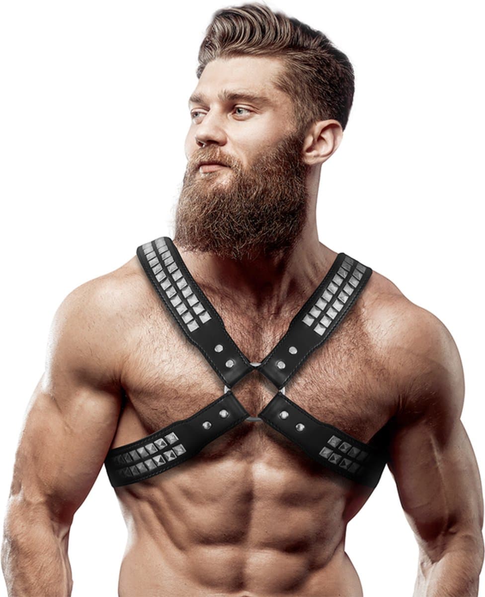 FETISH SUBMISSIVE ATTITUDE™ - MEN'S CROSSED CHEST ECO-LEATHER HARNESS WITH RIVETS — afbeelding 1
