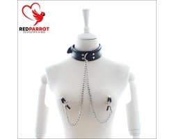 BDSM Halsband met tepelklemmen - Ketting - Choker - Leder - RVS - Verstelbaar