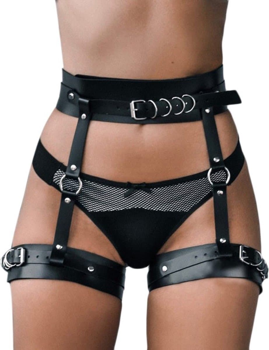 Nooitmeersaai - Harnas Vrouw - PU Leer - Harnas met Dikke Beenboeien - Zwart - BDSM - Bondage Harnas — afbeelding 1