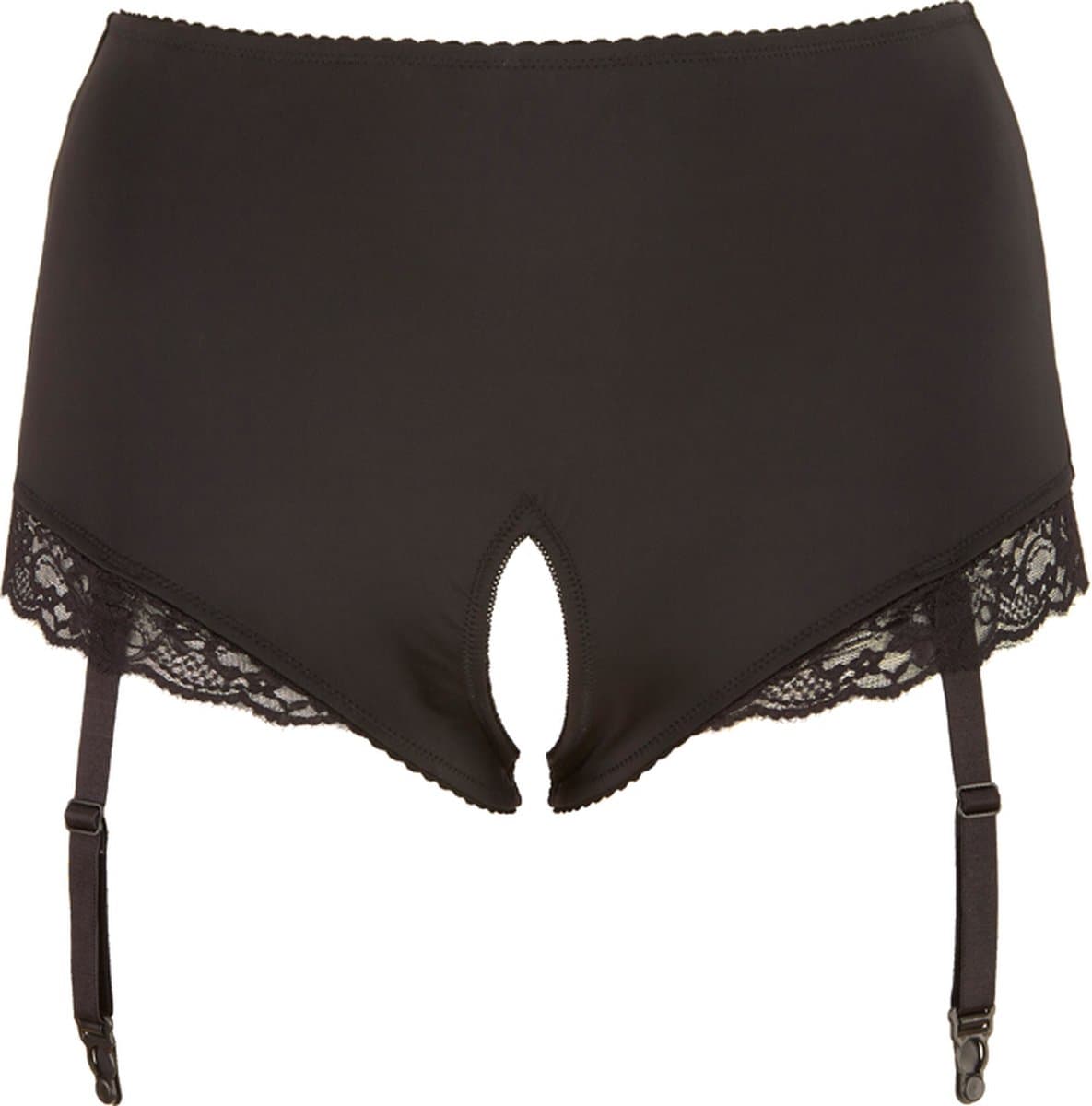 Cottelli Plus Size – Hoge Jarretel Slip met Open Kruis en Kanten Rand Sexy en Uitdagend – Maat XL - Zwart — afbeelding 1