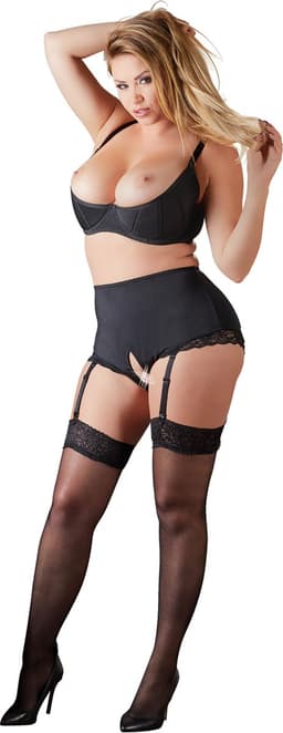 Cottelli Plus Size – Hoge Jarretel Slip met Open Kruis en Kanten Rand Sexy en Uitdagend – Maat XL - Zwart — thumbnail 4