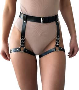 Nooitmeersaai - Harnas Vrouw - Leer - Harnas Met Beenboeien - Zwart - One Size - BDSM - Bondage Harnas — thumbnail 1