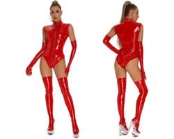 Latex wetlook bodysuit - Hold UP kousen - Handschoenen - Erotisch kostuum - Leder look - Bodystocking - 3-delig