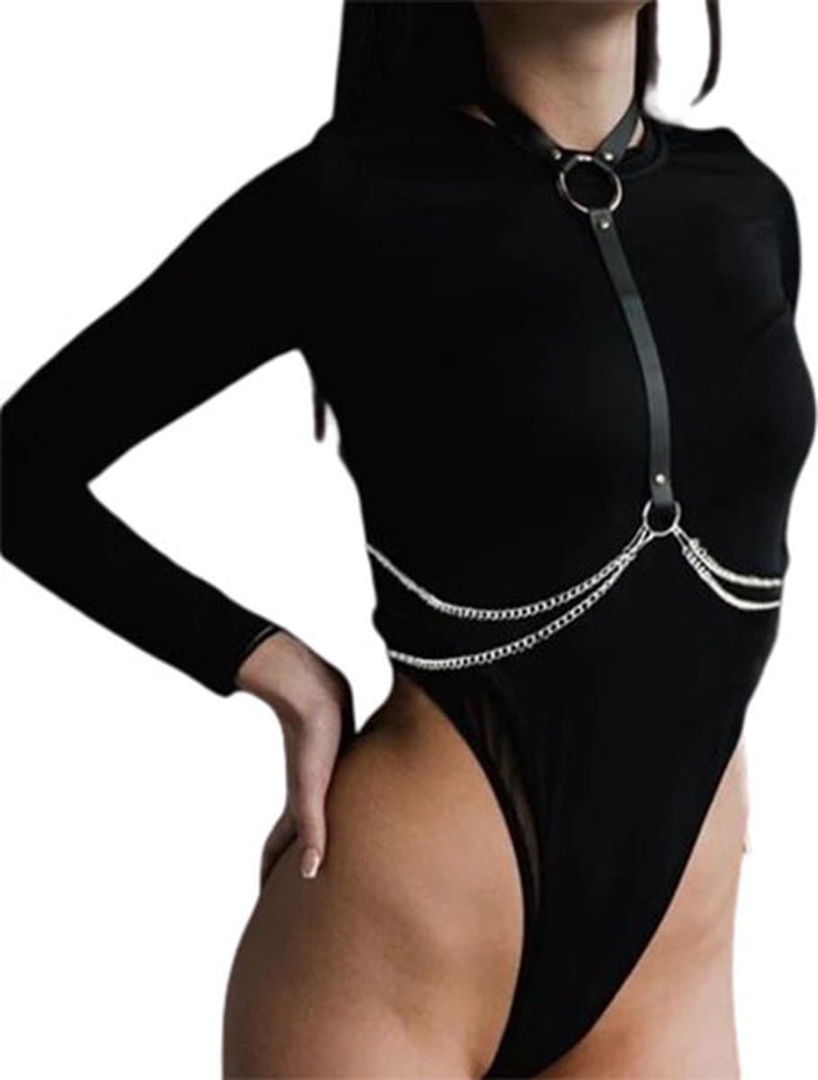 Lederen bodychain harnas BSM - RVS ketting - Verstelbaar - Gespsluiting - Riem - Borst - SM - Seks — afbeelding 1