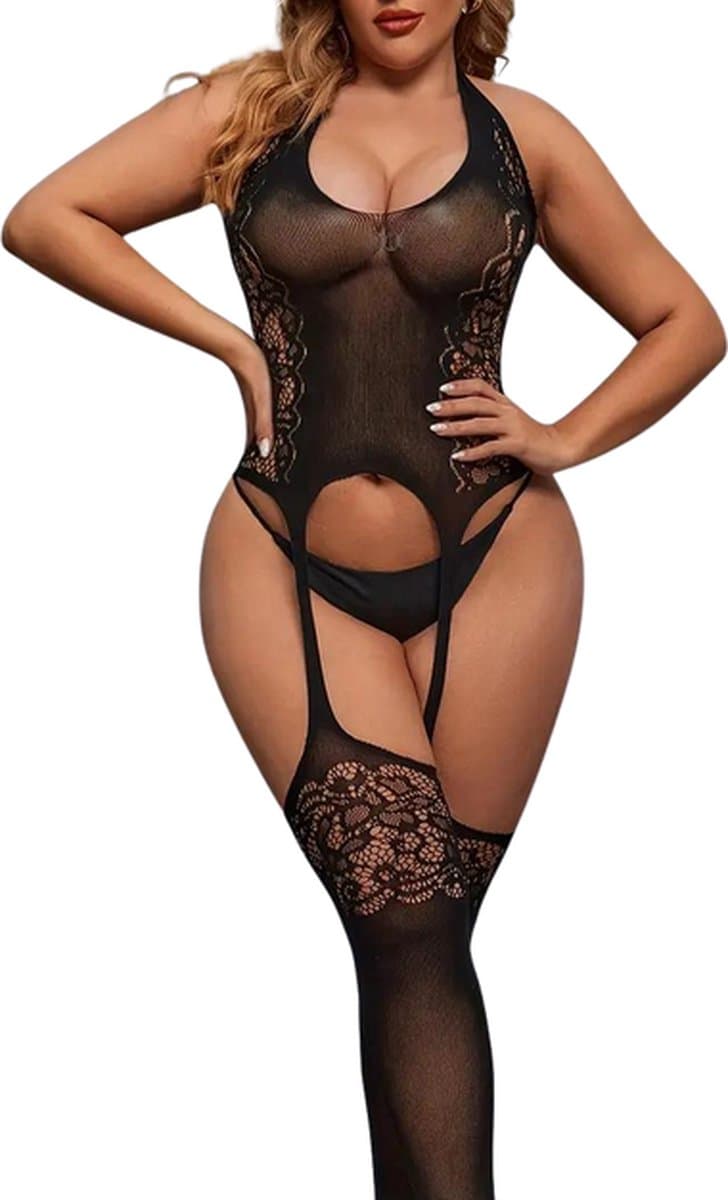 LekkerStout Plus Size Body met Jarretels - Zwart - Sexy Lingerie | M-XL | ( LS017 ) — afbeelding 1