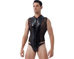 Mannen latex wetlook Catsuit - Erotische bodysuit PU Leder - Jumpsuit - Mouwloos - Transparante zijkanten - Ritssluiting