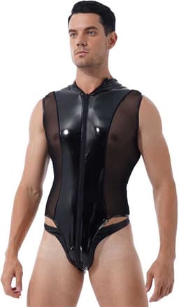 Mannen latex wetlook Catsuit - Erotische bodysuit PU Leder - Jumpsuit - Mouwloos - Transparante zijkanten - Ritssluiting — thumbnail 1