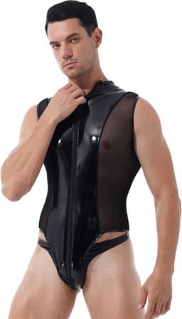 Mannen latex wetlook Catsuit - Erotische bodysuit PU Leder - Jumpsuit - Mouwloos - Transparante zijkanten - Ritssluiting — thumbnail 5
