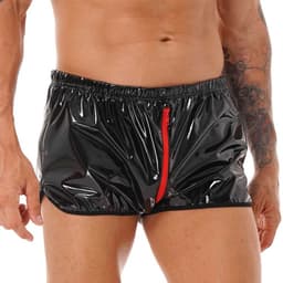 Glanzende boxershort kunstleder - Leer - Ritssluiting open kruis - Latex look - Porno BDSM Kleding - Erotiek - Short - Kort broekje — thumbnail 1