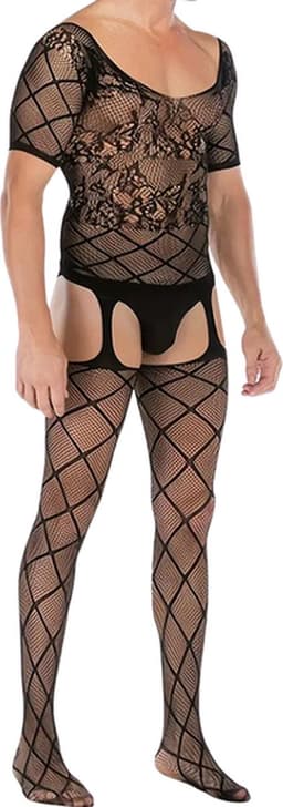 LekkerStout Heren Body met Netkousen - Zwart - Sexy Herenlingerie | S-L | ( LS166 ) — thumbnail 7