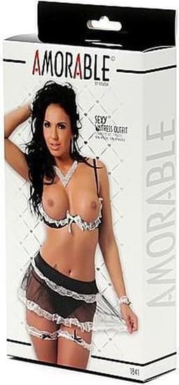 Amorable - Serveerster Uniform Met Open Cups - Wit/Zwart M/L — thumbnail 4