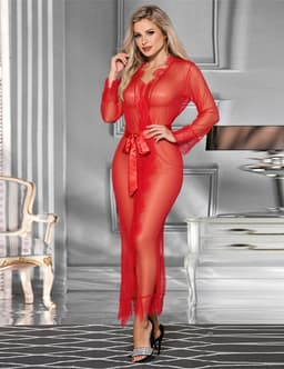 Zeloria Lange Mesh Kimono met Kant – Transparante Lingerie Robe met Ceintuur – Rood– XL/XXL — thumbnail 18