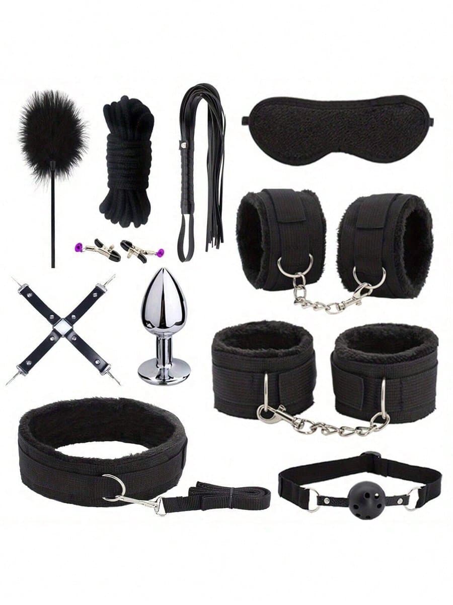 Oneay BDSM Extreme Bondage Set - 11 Delig -SM Handboeien - Zweep / Veer / Tepelklemmen - Sex Toys voor Koppels - Seksspeeltjes voor mannen en vrouwen - Sex Pakket en Toys - Zwart — afbeelding 1