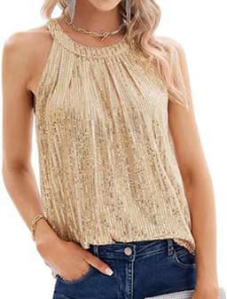 Halter Tank Tops voor Dames met Pailletten - Mouwloos, Sprankelend, Casual, Rimpels en Geschikt voor Feestjes en Avonden — thumbnail 8
