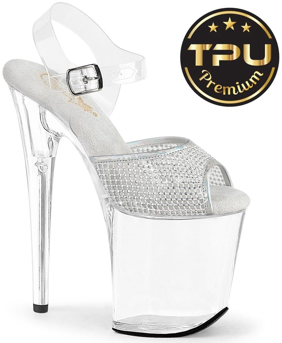 Pleaser - FLAMINGO808PREMRSN Sandaal met enkelband, Paaldans schoenen - US 7 - 37 Shoes - Transparant/Zilverkleurig — afbeelding 1