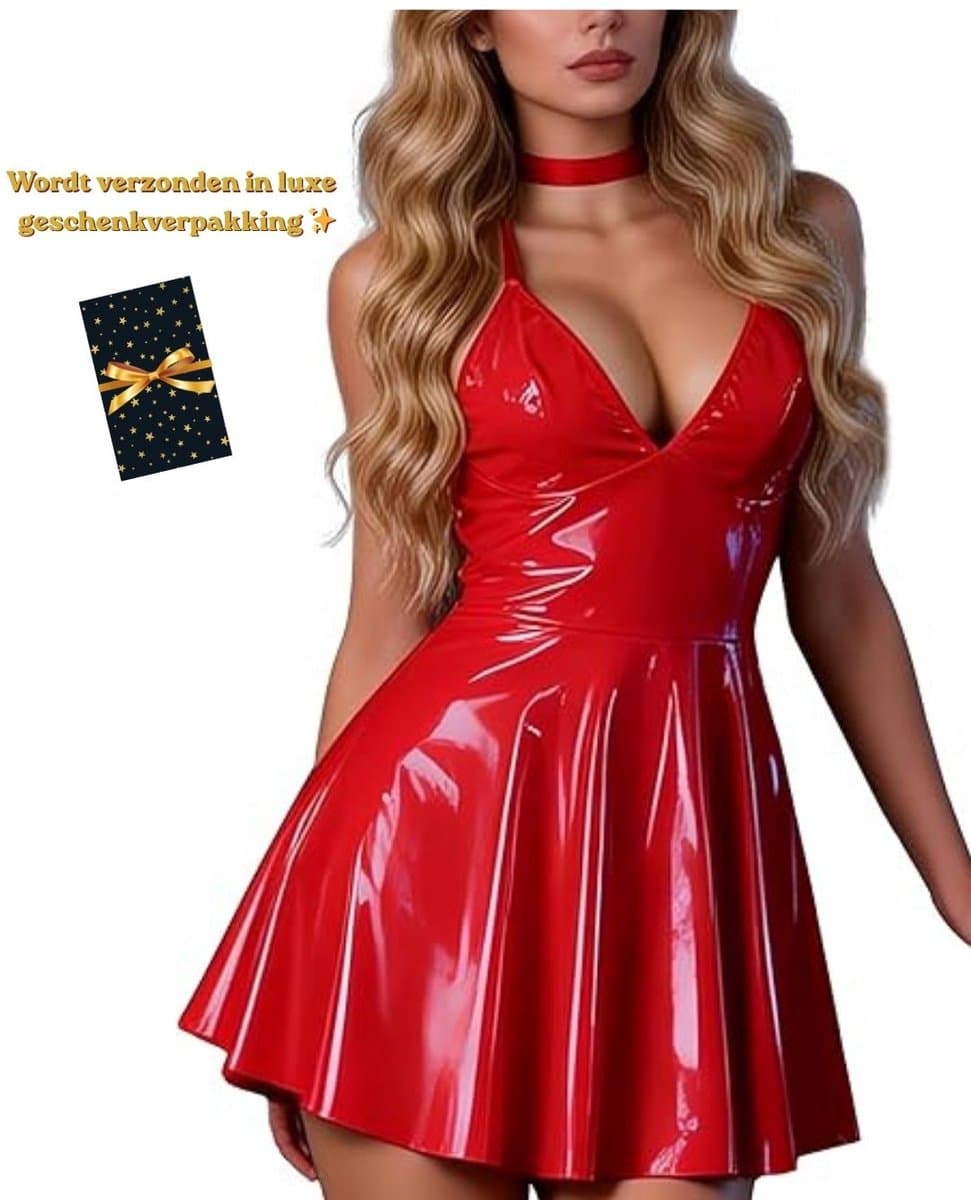 Latex Wetlook Sexy Jurkje – Lingerie Erotisch – Rood – Lingerie Setje – Luxe Lingerieset – Leren PU Lingerie Jurkje – Leatherlook – Verleidelijk & Mysterieus – Inclusief Chocker – Kinky – BDSM – Festival Outfit – Clubwear – Wasteland – S, M, L, XL — afbeelding 1