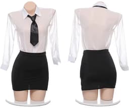 Sexy Secretaresse Kostuum - 4-delig Zwart-Wit Verkleedpakje - Blouse, Stropdas, Rok en String - Secretaresse / CEO / Baas / Docent / Lerares - Rollenspel / Cosplay - Lingerie Ondergoed voor Dames - Maat S/M — thumbnail 2