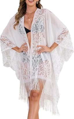 Sexy Elegante Kant Kimono Strand Cover-up voor Dames, Badpak Cover-up, Zwemkleding Omslagdoek voor Vakantie, Zwembad, Strand en Feest — thumbnail 1