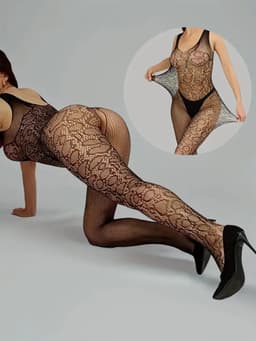 Transparante Catsuit met Open Kruis - Zwart Mesh - Sexy Bodystocking - Incl. Zwarte Kruis-Tepelstickers - One Size M-XL | LekkerStout | ( LS325 ) — thumbnail 4