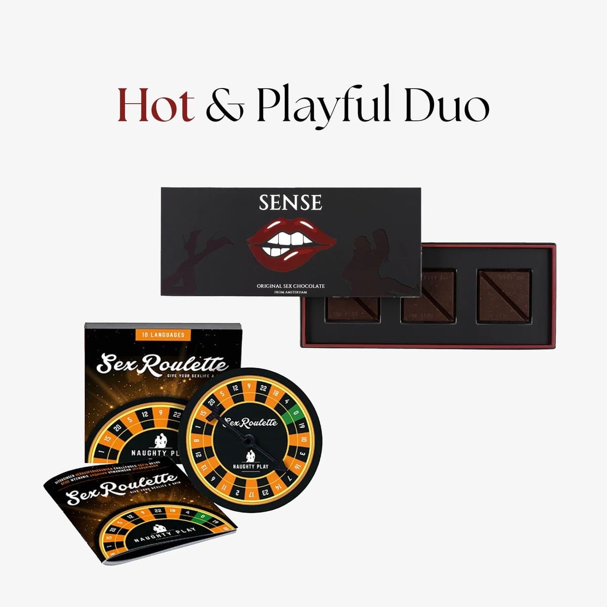 Hot & Playful Duo - Sense Chocolate + Sex Roulette combideal - Erotisch bordspel - Libido verhogend - erotische booster - lustopwekker - libido verhogende chocolade - Sense chocolade - sense chocolate sex - 6 stuks — afbeelding 1
