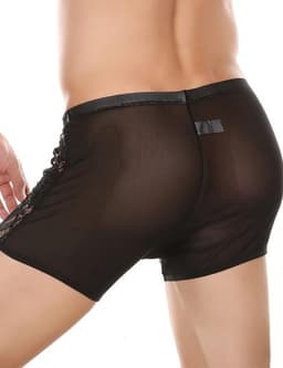 Zwarte Kanten Boxershort voor Mannen – Sexy Lange Pijpen Boxershort met Transparant Kant - Maat M - Black Transparent Lace Boxer Shorts for Men — thumbnail 4