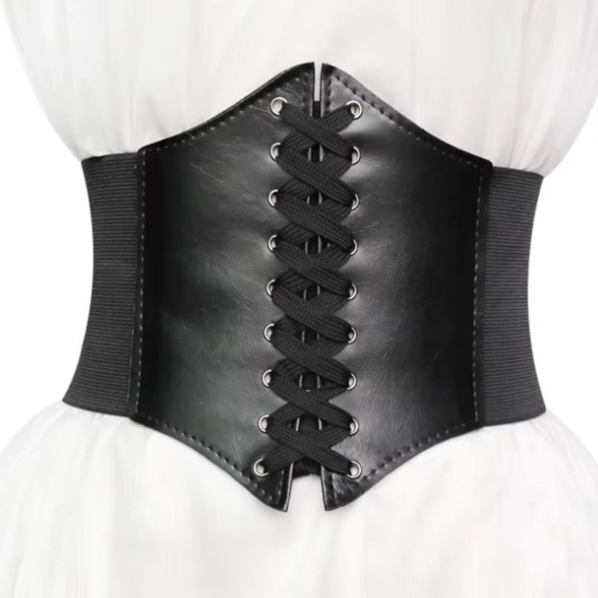 Sexy Vrouwen Corset - Elastisch - Body Shapewear - Kunst Lederen Korset met Veters - Hoge Taille Design - Dames Korset - Zwart - One Size — afbeelding 1