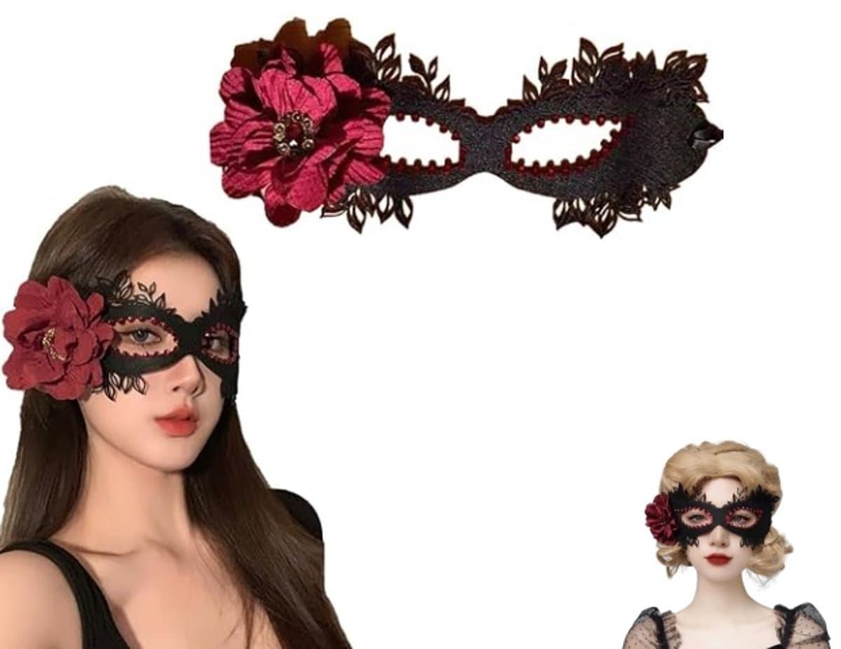 1 stuk - Halloweenkostuummasker - Kanten masker voor dames - Halloweenmasker - Halfgezichtsmasker met sluier - Masker met rode bloemen - Maskeraccessoire - Geschikt voor cosplay, maskerade en Halloween — afbeelding 1