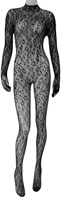 Luipaard Visnet Bodystocking Dames – Lingerie Body met Lange Mouwen – Transparante Catsuit – Zwart – One Size ca. EU XS-M — thumbnail 3