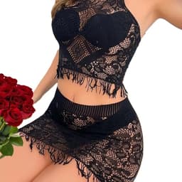 2-Delige Kanten Lingerie Set Dames – Halter Crop Top & Minirok met Franjes – Zwart – One Size – EU S/M — thumbnail 5