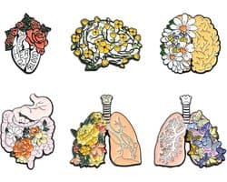 6 stuks menselijk orgaan met bloem emaille pin hart hersenen broches reversspeldjes Halloween nieuwigheid badges broche pin set voor hoeden kleding tassen sieraden knutselen past mannen vrouwen