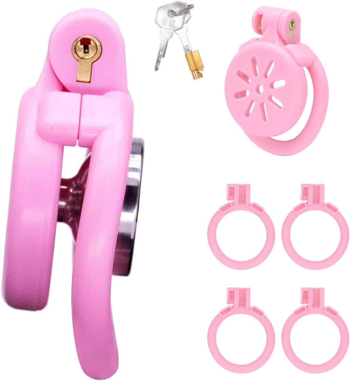 Chastity Cage met katheter en urineschaal, 4 ringen, platte penishoes met verborgen slot. — afbeelding 1