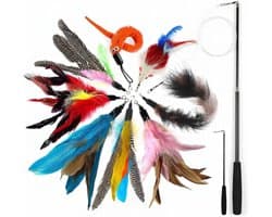 Veren, kattenhengel met zachte veren als gevarieerd interactief kattenspeelgoed, kattenvisset met schaalbare stang en 8 reserveveren voor katten