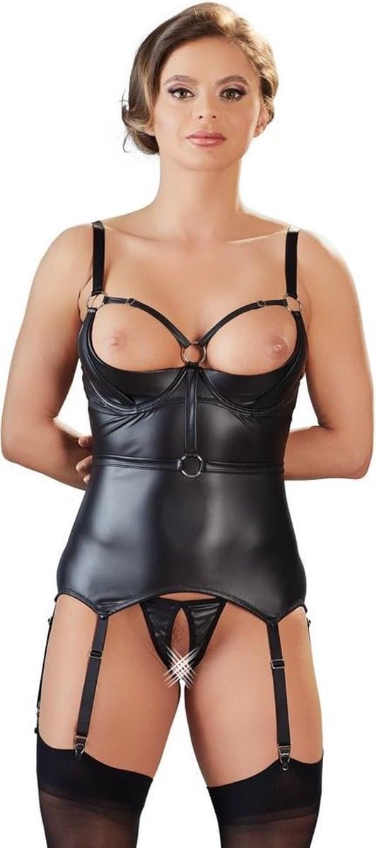 Cottelli Collection – Jarretel hemd met open kruis string hoogwaardige uitstraling – Maat M - Zwart — afbeelding 1