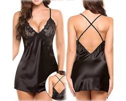 LOUZIR Satijnen nachtjurk- sexy lingerie- nachtjapon- Nachtkleding- zwart