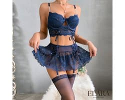 Elara - Alina - Luxe Lingerieset Dames - Lingerie Erotisch - Sexy Lingerie - 4-delige set - Blauw - Met Rokje 3837-XL