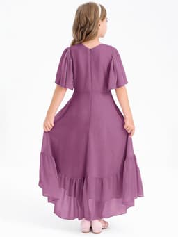Zomerjurk voor meisjes met V-hals en ruches - Elegante A-lijn casual partyjurk — thumbnail 3